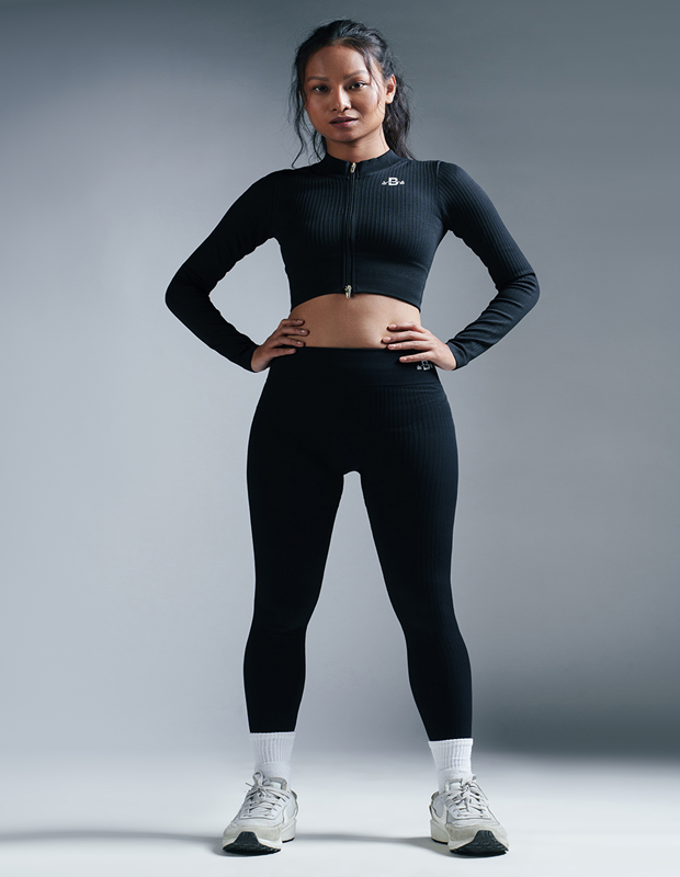Pure Black Ribbed Long Sleeves Zipper Set