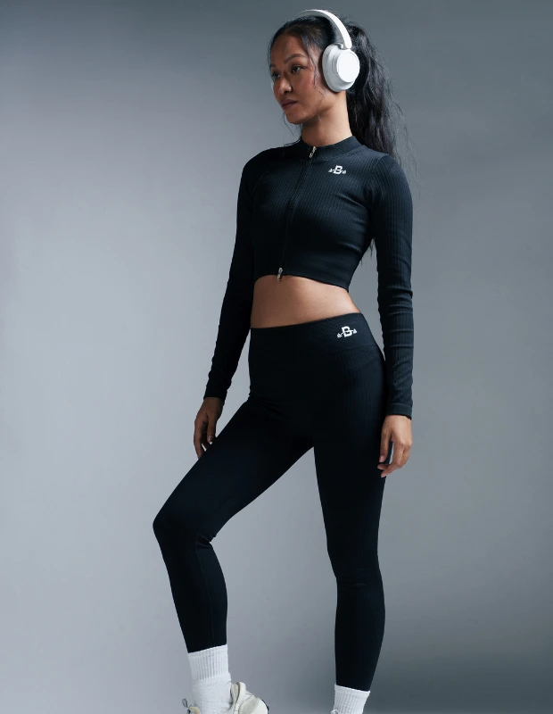 Pure Black Ribbed High Waist Scrunch Butt Leggings
